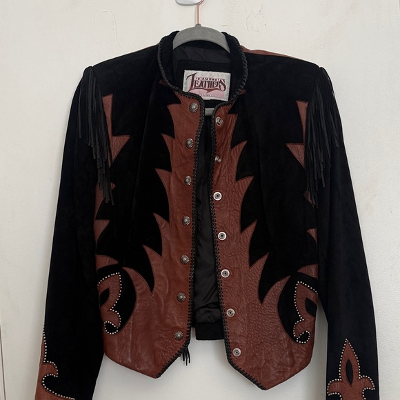 Diamond Leathers Jackets & Blazers - Leather Fringe Contrast Jacket in Black & Brown by Diamond Leathers